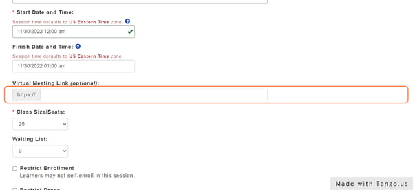 Add a Virtual meeting Link to your Session.