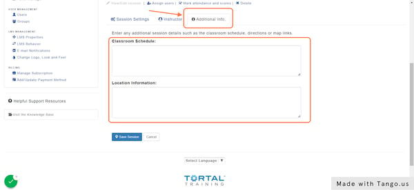 Click on  Additional Info tab to add any helpful Session details for your Learners.
