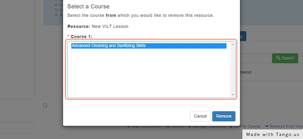 Select the Course to remove the Learning Object from, from the List of Course where it is applied - click "Remove" to confirm.